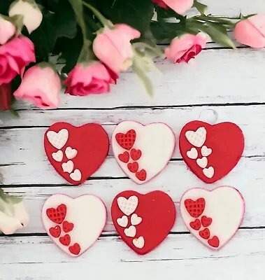 6  Valentine Hearts Cupcake Toppers Cake Decorations Edible Fondant • £6.99