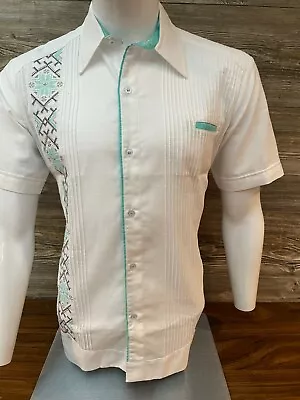 Men Mexican Guayabera Dress Shirt White Linen Short Sleeve Aqua Green Embroidery • $55