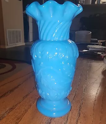 Beautiful Cobalt Salt Blue Molded  Bristol Milk Glass Tall Vase Floral Motifs • $15