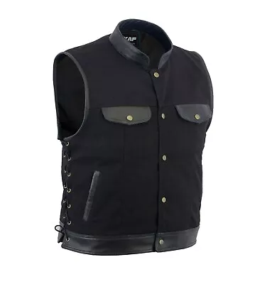 Men's Motorcycle Vest Cotton Leather Club Biker Rider Side Laced Waistcoat Cafe • $59.99