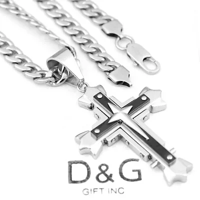 DG Men's 24  Cuban Curb Chain.CROSS Onyx Stone PendantStainless Steel *Box • $23.99