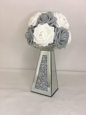 £27.99 • Buy Artificial Flower Arrangement Mirrored Crushed Crystal Vase White/Grey Flowers