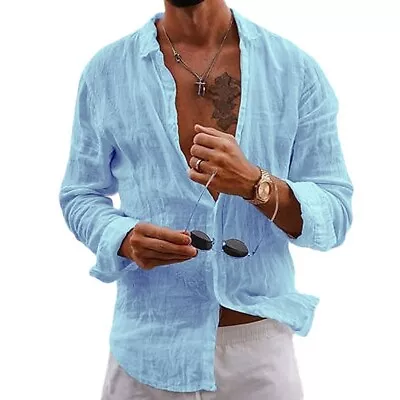 Men Casual Cotton Linen Shirt Long Sleeve Loose Blouse Button Down Shirts Tops • $14.78