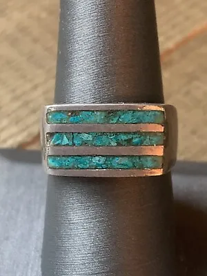 Vintage Signed Sterling Silver 925 Crushed Turquoise Ring Band Size 9 Age Patina • $49.99