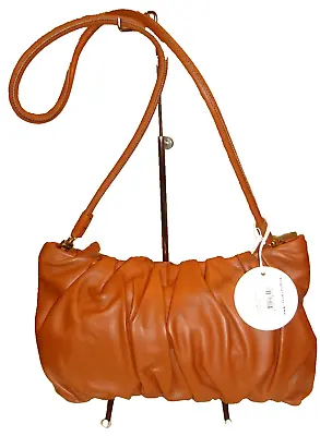 Staud Gorgeous Bean Tan Ruched Silky Leather Suede Lined Clutch/Shoulder Bag NWT • $99.95