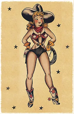 Cowgirl Vintage Sailor Jerry Traditional Style Tattoo Pin Up Poster Print • $6