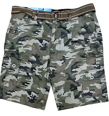 Mens Size 34 Belted Green Camo Cargo Shorts Iron Co Twill Flex Waist Stretch New • $13.89