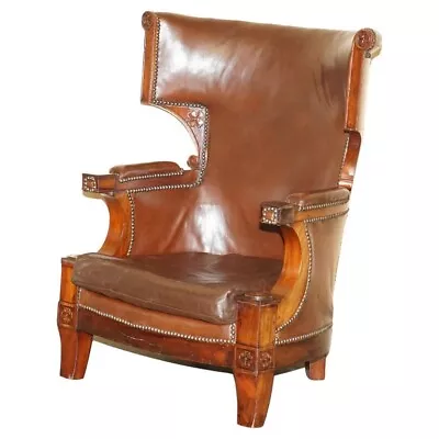 Antique Restored William Iv Period Circa 1830 Wingback Brown Leather Armchair • £2950