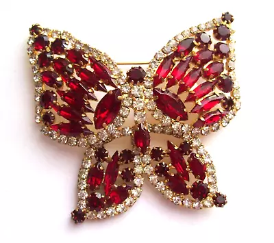 Vintage Large Butterfly Red & Clear Glass Rhinestone Pin Or Brooch • $10.50