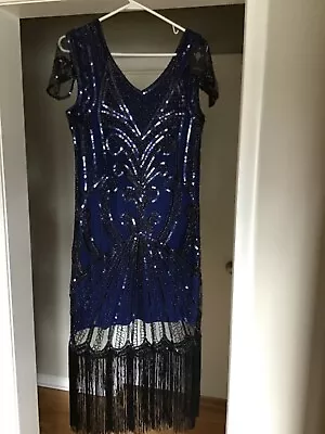 1920s Gatsby Inspired Sequin Beads Blue Long Fringe Cocktail Flapper Dress LARGE • $17.99