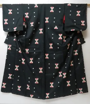 2005T09z700 Vintage Japanese Kimono Silk MEISEN KOMON Kasuri Dark Green-gray • $28