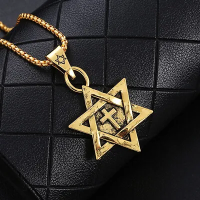 Mens Gold Jewish Star Of David Pendant Necklace Punk Biker Jewelry Chain 24  • $11.99