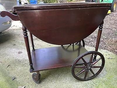 Vintage Drop Leaf Tea Cart Wooden Wagon Wheel Butler's Cart Bar Cart • $190