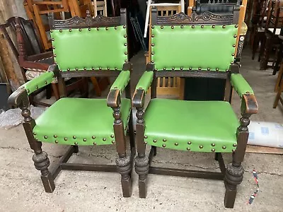 Vintage Antique Wooden Ornate Carver Dining Chairs X 2 Green Faux Leather Seats • £109.99