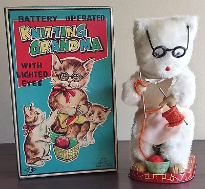 Battery Op 1950's Rare Knitting Grandma Cat Vintage Tin Toy Mib Works Great • $275