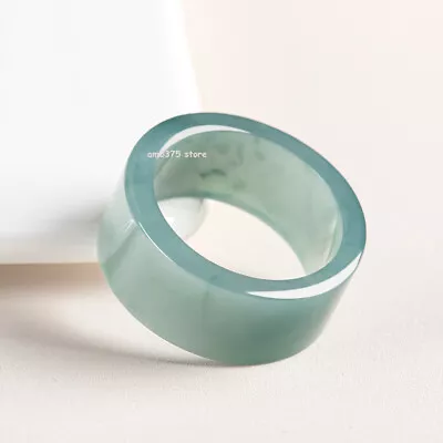 Natural Jadeite Ring Men's A Grade Blue Water 12mm Trigger Finger Ring US 13-14 • £66.14