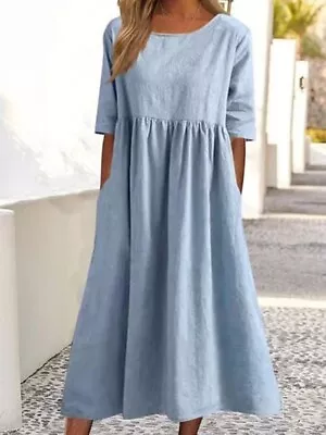 Womens Short Sleeve Pleated Midi Dress Ladies Casual Baggy Solid Swing Dresses • £11.99