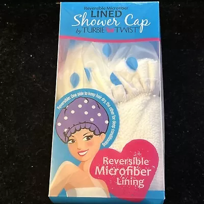 Turbie Twist Reversible Microfiber Lined Shower Cap White Frosted-Blue Dots NEW • $10.95