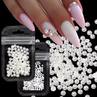 200/100pcs Nail Pearl Beads Flat Back White 3D Nail Art Decorations DIY 3/4/5mm+ • $1.08