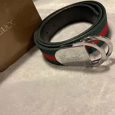 GUCCI OLD Logo Web Stripe Belt Green Red Silver Canvas Italy Authentic 41 1/2 • $220