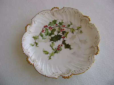 T&V Limoges France 9.25  Plate Holly And Berries Gold Gilt • $149.99