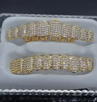 SOLID 925 Gold Simulated Diamonds Custom GRILLZ Teeth Top Bottom Set HipHop CZ • $35