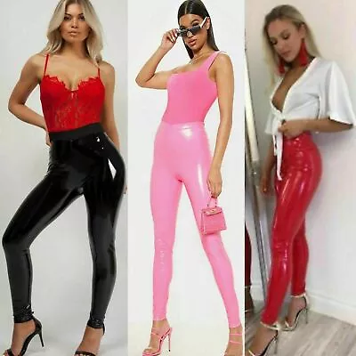 Women Ladies Vinyl PVC Wet Look Shiny Disco Elasticated High Waist Leggings Pant • $20.19