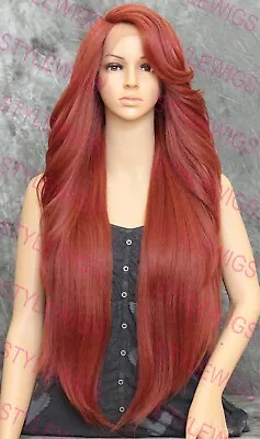 Red Extra Long Full Volume Straight Heat OK Lace Front Human Hair Blend Wig EVFA • $92.85