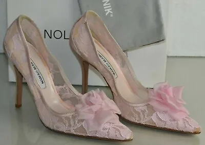 NEW Manolo Blahnik TUCCIO Pumps BB Rose LACE Satin Mesh Pink Shoes Wedding 39.5 • $425