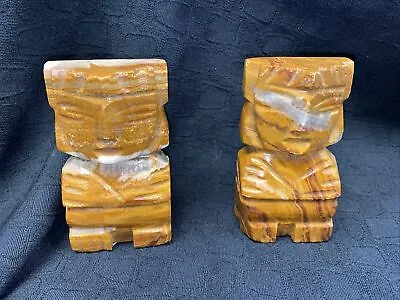 Pair Vintage Carved Stone Onyx Marble Aztec Mayan MCM Totem Statue Bookends • $21.47