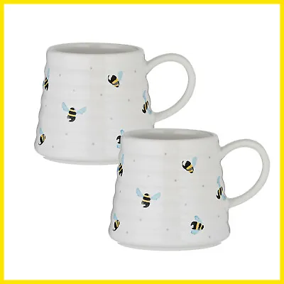 Set Of 2 Sweet Bee Fine Ceramic Wide Handle 350ml Mugs Coffee Cups Tea Hot Choco • £12.95