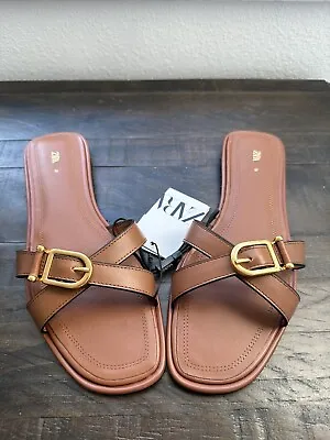 $25 • Buy Zara Brown Leather Cross Cross Sandals Slides With Gold Buckle Size 39/ 9 New