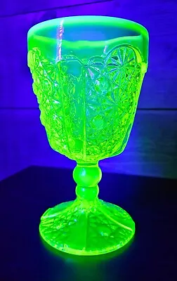 URANIUM VASELINE GLASS GOBLET LG WRIGHT Daisy & Button Design Frosted Top *RARE* • $55.92