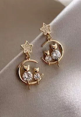 Silver Cat Earrings Gold Moon Star Drop Dangle Stud Earrings NWT • $14.99