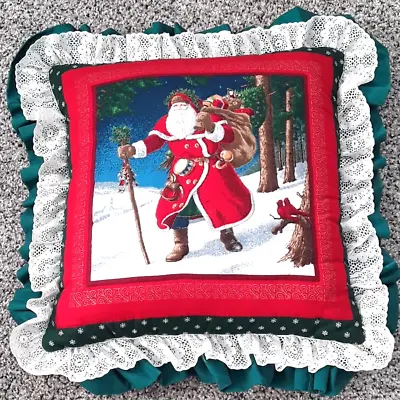 $15 • Buy Vintage Pillows 15  Square Christmas Santa Claus Toy Sack Ruffled Lace Edge