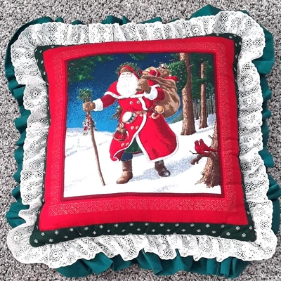 $15 • Buy Vintage Pillows 15  Square Christmas Santa Claus Toy Sack Ruffled Lace Edge