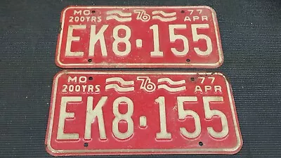 Missouri MO EK8-155  200 Yrs 1976  Apr 1977 Red White License Plate Pair Expired • $18