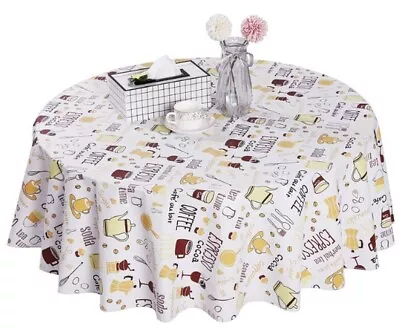 Peva Vinyl Kitchen Tablecloth 60  Round COFFEE THEME BREAKFAST ITEMS RS • $14.99