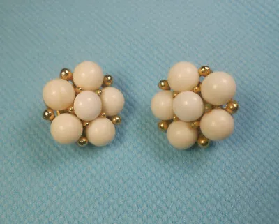 Vintage Designer Signed Weiss White Milk Glass & Gold Tone Bead Clip Earrings • $19