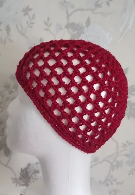 RED  SPARKLE CROCHET MESH SKULL CAP HAT 70s Fancy Dress Party ABBA HAT 60s • £7.99