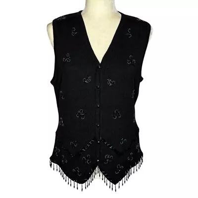 Joan Leslie Embellished Vest Women’s Medium Black Beaded Fringe Trim Vintage • $24