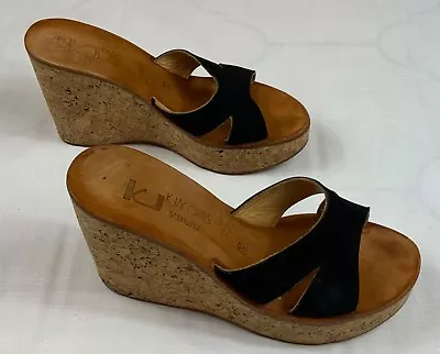 K Jacques St Tropez Womens Cork Wedge Sandals Size 38 Black Suede Slip On • $33.66