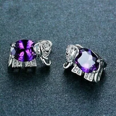 3Ct Lab Created Oval Cut Amethyst  Elephant Stud Earrings 14K White Gold Plated • $105.29