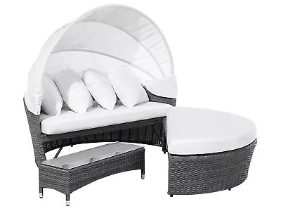 Outdoor Garden Rattan Day Bed Grey Frame White Canopy With Table Sylt Lux • £1129.99