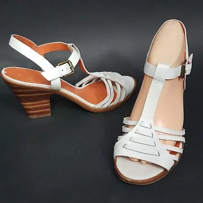 Via Spiga Sandals Ankle T Strap 8M White Strappy Uppers Stacked Wood 3.5  Heel • $18