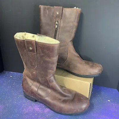 UGG Burroughs 1001993 Brown Leather Boots Sheepskin Shearling Zip Waterproof 10 • $31.99