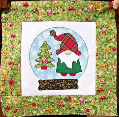 Scrappy Green Christmas Gnome Snow Globe Mini Quilt Top Only Appx 15 ½ In. Sq #2 • $16.99