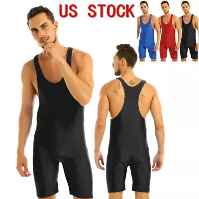 US Mens Bodysuit Wrestling Singlet Leotard Tight Swimsuit Vest Top Boxer Shorts • $12.37