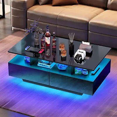 Black LED Coffee Table Modern High Gloss Center Table With Storage Drawers • $119.69