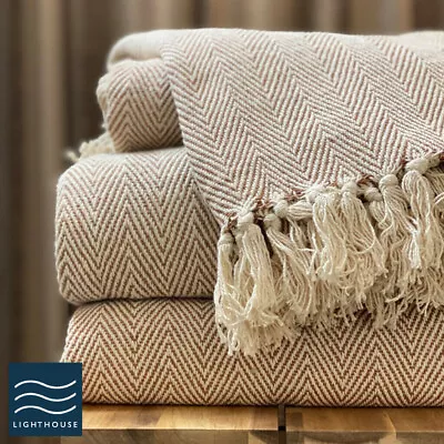 £11.95 • Buy 100% Cotton Natural Beige Herringbone Large Sofa Bed Throw Blanket Fringed Tweed